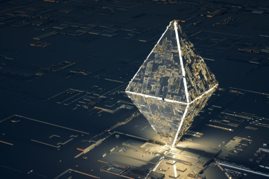 三维渲染，电路板与金色芯片