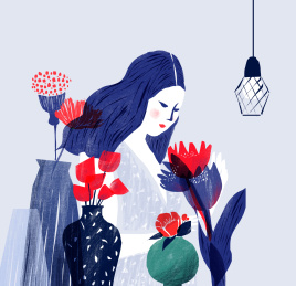 长发少女闻花香插画