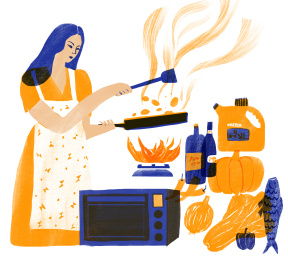 主妇在厨房烹饪时间 插画