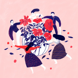 围着鲜花跳舞的欢乐派对男人女人们 插图插画