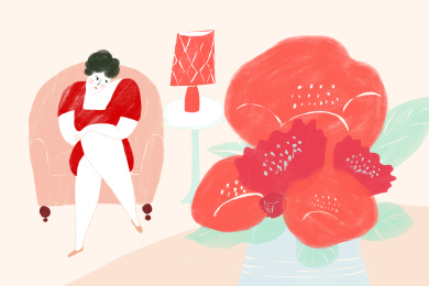 沙发上赏花的女人插画