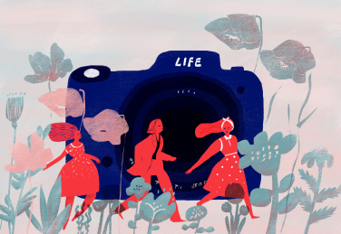 相机前追逐留影的年轻人插画