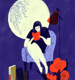 月下沙发上认真阅读的女孩插画