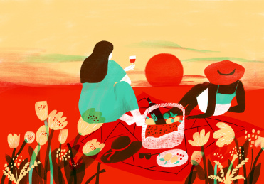 闺蜜花园野餐欣赏落日插图插画