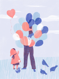 草坪上卖气球的人和渴望气球小女孩插画插图