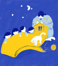 月光下妈妈编织温暖的家插画插图