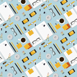 平铺式文具无缝花纹背景，平面插图设计
