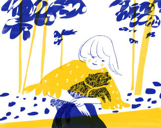  户外黄衣服抱着宠物狗的小女孩插画