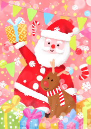 手托着礼物的圣诞老人和驯鹿