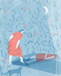 月光下走向神秘投影的少女插画 插图