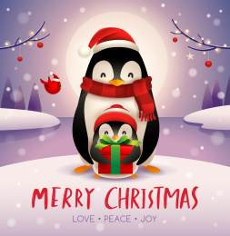 在圣诞雪景在月光下成人企鹅与企鹅宝宝。