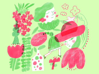 春天的鲜花中女孩插画