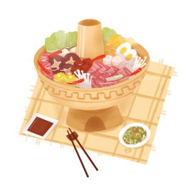 室内环境满满一锅火锅，各种食材蔬菜香菇肉卷