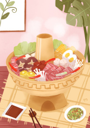 室内环境满满一锅火锅，各种食材蔬菜香菇肉卷