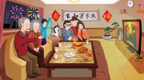 中国除夕之夜全家团圆一起看春节联欢晚会