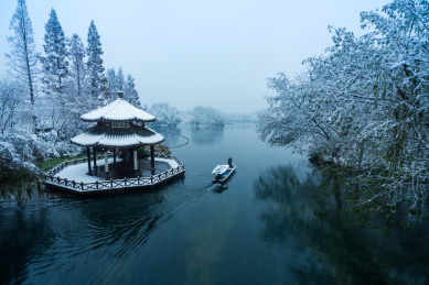 雪中杭州西湖黛色参天
