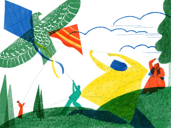 春季草坪上放风筝的人们插画