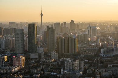 航拍天津海河两岸城市风光