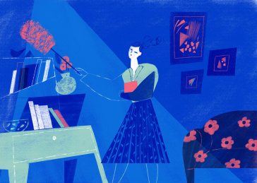 夜里室内清洁打扫的女性插画