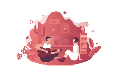 男孩坐在地上弹吉他给对面的女孩