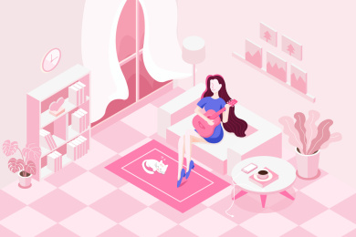 长发女孩坐在沙发上弹吉他