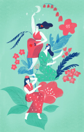 花丛中鲜花妆扮的少女们 插画