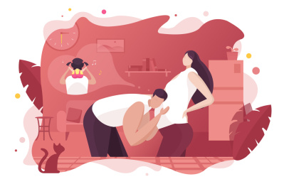 男子俯身靠在怀孕的妻子肚子旁插画