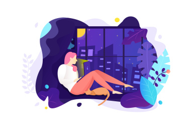 城市夜景种坐在窗边的孤独女孩和猫