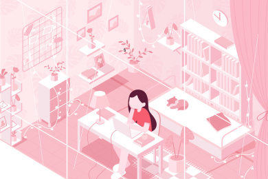 一个女孩子房间内对着电脑发呆