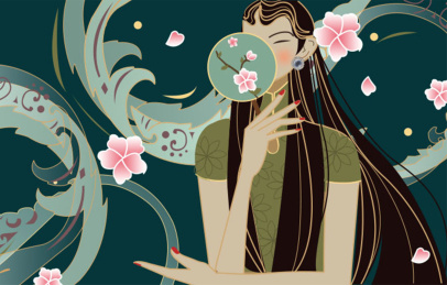 拿扇子的古典人物插画