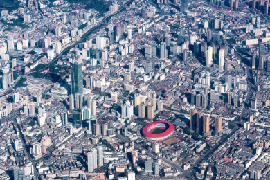 航拍城市建筑群昆明体育馆