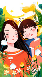 妈妈和女儿一起在花朵中睡午觉