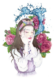 美女拍打爽肤水美妆系列水彩画