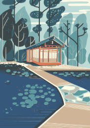 池塘建筑插画