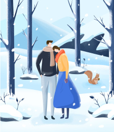 冬季一对恋人依偎在这雪山树林中此时下起了雪