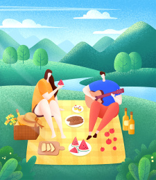 夏天一个男孩弹着吉他给旁边坐着的女孩听他们一起出来野餐