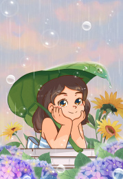 雨中美少女插画