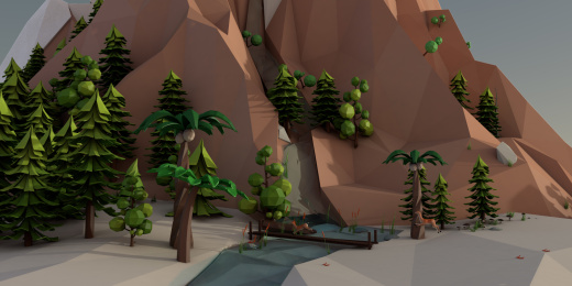 低多边形3D风格丛林里的小溪流水涓涓