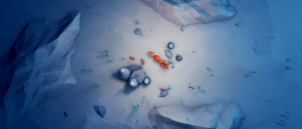 顶视角度低多边形风格海洋底部里的章鱼