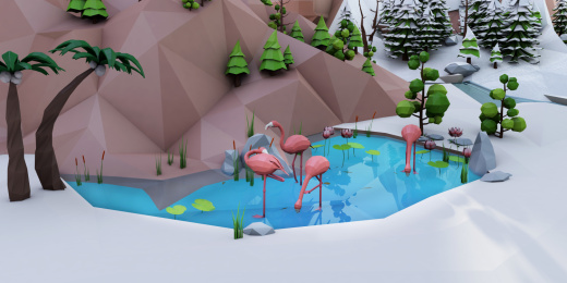低多边形风格3D火烈鸟在湖泊上觅食