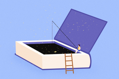 世界读书日-男孩坐在书本上钓星星