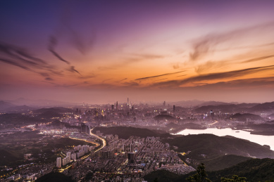 深圳城市市区晚霞全景