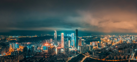 航拍广西南宁东盟商务区夜景