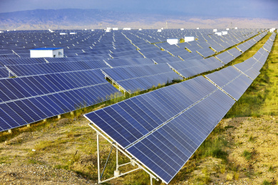 蓝色的太阳能光伏面板与白色的电站房