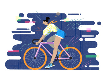 在夜晚和灯光中骑自行车的丸子头短裤长腿女生