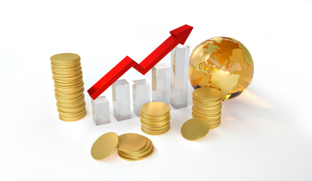 红色箭头和一堆金币放在白背景上