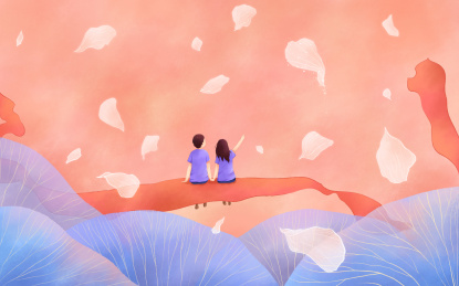 情人节红丝带花瓣蓝色植物情侣人物插画