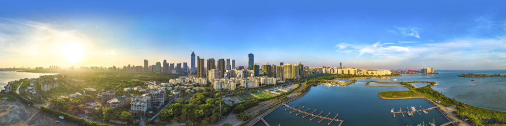 Panorama View. Haikou City Skyline with Office Buildings, Yacht Marina, Container Port and Public Parks. Hainan Province, China. 
