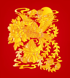 红色背景下的传统凤穿牡丹花纹图案