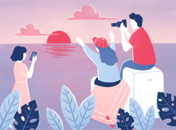 朋友毕业旅行海边看日出插画